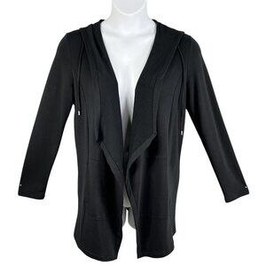 Pure Jill Womens S Black Hooded Cardigan Pockets Jersey Open Front Athleisure